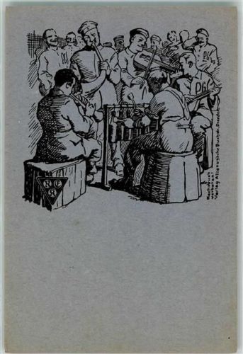 Handgemalte Postkarte WK I musizieren Kriegsgefangener