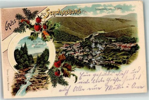 07427 O6825 Schwarzburg Lithographie Trippstein Blick von der steinernen Brücke Gruss