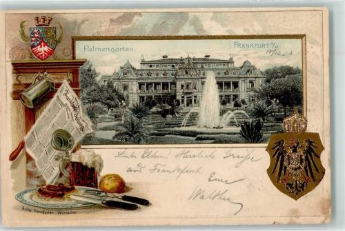 Frankfurt 1903 Palmengarten Springbrunnen Frankfurter Würstchen Zeitung Krug Wappen Adler Krone Gold Schwarz
