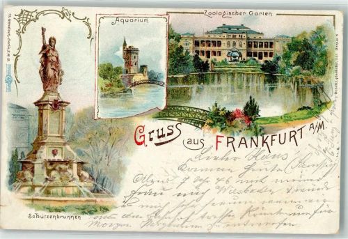 60308 W6000 Frankfurt am Main 1901 Lithographie Schützenbrunnen Aquarium Zoologischer Garten