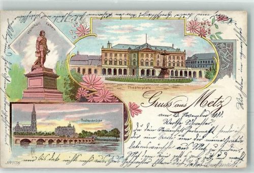 57000 Metz Lithographie Maschall Fabert Denkmal Theaterplatz Todtenbrücke Kirche Blumen Gruss