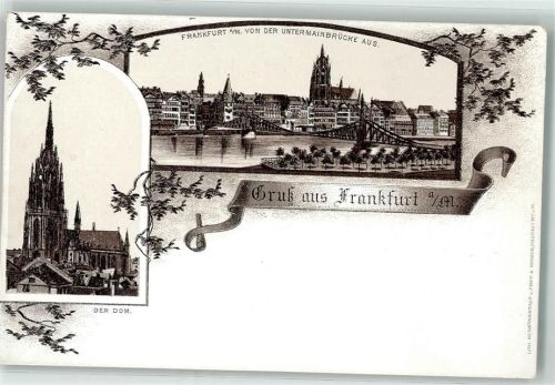 Frankfurt der Dom von der Untermainbrücke aus Lithographie