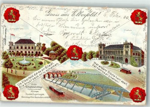Elberfeld 1900 Zoologischer Garten Stadthalle Fahne Rot Weiß Springbrunnen Elektrische Straßenbahn Schwebebahn Wappen Löwe