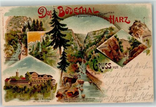 Thale 1898 Bahnpost Magdeburg Thale Zug 377 16.9.98 Hirschgrund Hotel zur Rosstrrappe in Winzenburg Bode m. Kronentempel u. Jungfrauenbrucke Hexenplatz Rosstrappe Bülowshöhe Teufelsbrücke