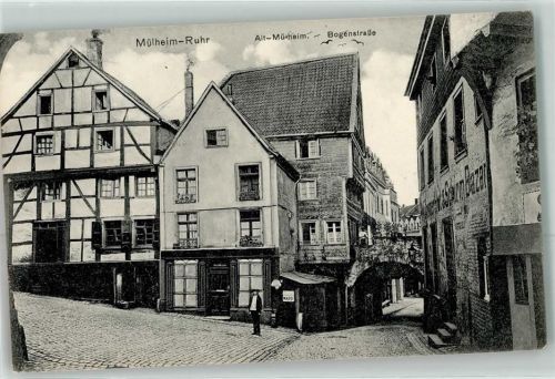 Mülheim 1912 Bogenstraße Schirm Bazar Mann Maggi Emailleschild Schornstein Rauch