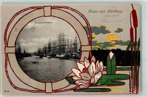 Hamburg 1901 Segelschiffhafen Ruderboot Gruss Seerose Schilf Sonne