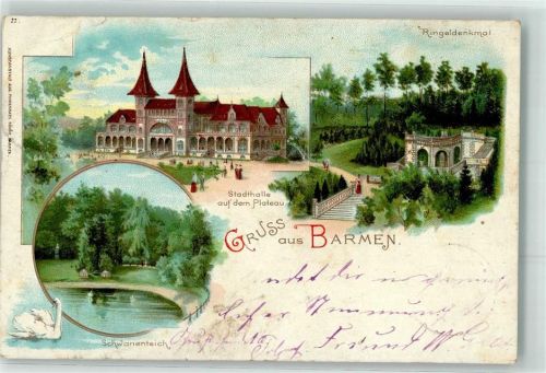 Barmen 1898 Stadthalle auf dem Plateau Schwanenteich Ringeldenkmal Lithographie