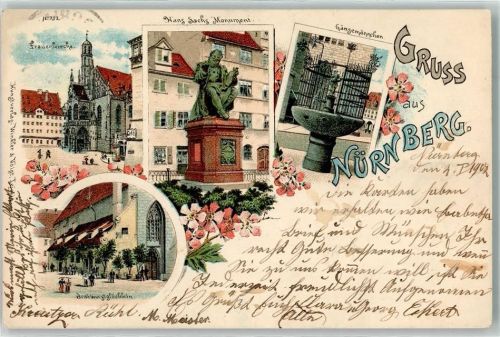 Nürnberg 1902 Hans Sachs Monument Gänsemännchenbrunnen Frauenkirche Bratwurstglöcklein