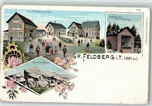 Feldberg 1901 Die 3 Feldberghäuser Strenghütte Altkönig Brunhildisfelsen Blumen Gruss Mann Frau Hut Stock Kind