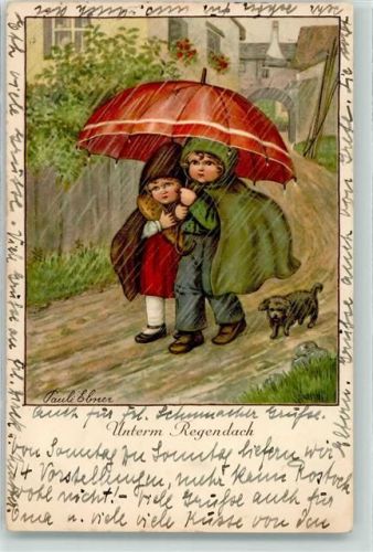 August Rökl Nr. 1448 Unterm Regendach Zwei Kinder mit kleinem Dackel gemeinsam unter dem Schirm im strömenden Regen Ebner, Pauli 1927 Künstlerkarte