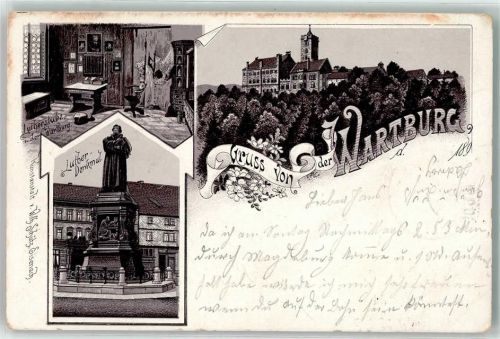 O5321 Wartburg Gruss aus Denkmal AK Luther 1896 Gebrauchsspuren