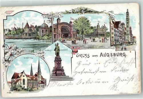 Augsburg 1898 Stadtgarten Friedens-Denkmal Domkirche Perlachturm Lithographie