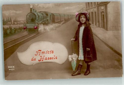 Hasselt 1914 - Amitie de Hasselt Eisenbahn Lok Dampf Mädchen Schirm Hut Manterl Tasche Bahnsteig Uhr Kirche