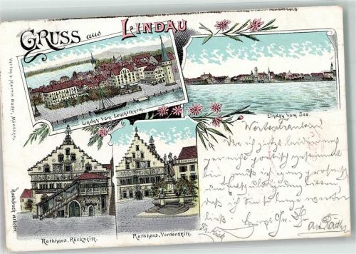 88131 W8990 Lindau Bodensee 1898 Lithographie Mangturm Hafeneinfahrt mit Leuchtturm Rathaus Vorder- und Rückseite Verlag Martin Bader