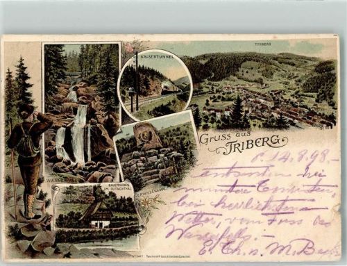 Triberg 1898 Wasserfall Kaisertunnel Bauernhaus im Gutachtal Verlag Lautz & Isenbeck No. 1477 Lithographie Bahnpost Singen-Offenburg Zug 96
