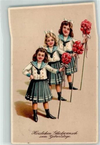 Kinder Mädchen mit Rosenstöcker im Matrosenkleid AK Geburtstag 1905 Lithographie / Prägedruck