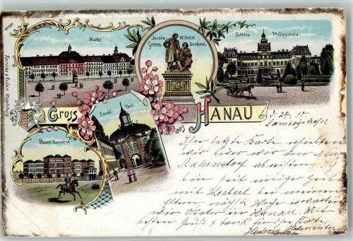 Hanau 1900 Schloß Philippsruhe Ulanen-Kaserne Grimm-Denkmal Markt Lithographie