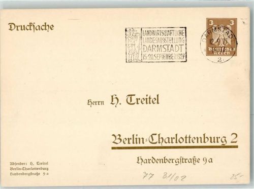 Darmstadt Drucksache Sonderstempel Landwirtschaftliche Landesausstellung September 1927
