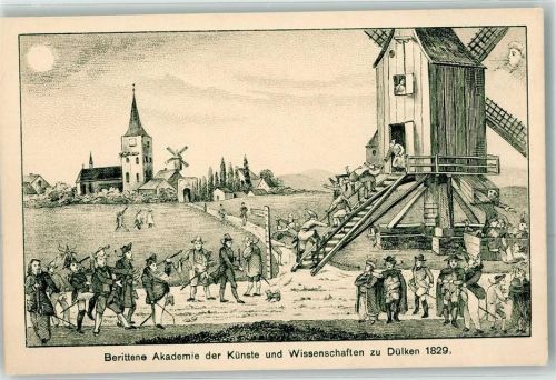 Dülken Berittene Akademie der Künste und Wissenschaften 1829 Windmühle Kirche Mond Hund Wegweiser