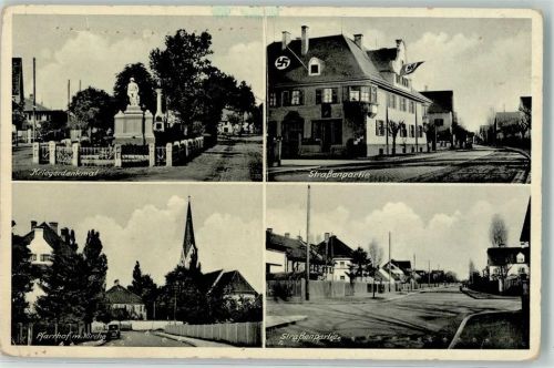 Feldmoching 1940 Kriegerdenkmal Pfarrhof mit Kirche Dorfstraßen