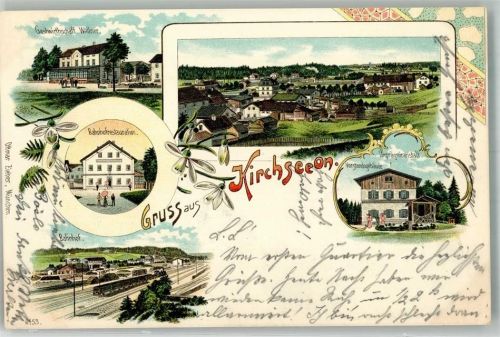 85614 W8011 Kirchseeon 1898 Lithographie Adelskorrespondenz Bahnhof Bahnhof-Gasthaus Vorstandsgebäude Gasthaus Wallner