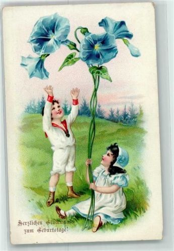 1907 Geburtstag Jugendstil Kinder große Glockenblumen Matrosenanzug AK