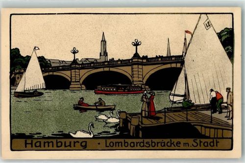 20095 W2000 Hamburg Künstlersteindruck Lombardsbrücke m. Stadt Segelboot Ruderboot Dampfer Schwan