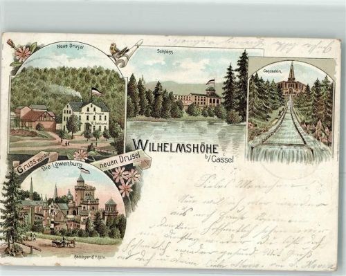 Kassel 1902 Neue Drusel Schloss Cascaden Löwenburg Fahne Schwarz-Weiß-Rot Kutsche Blumen Vogel Gruss