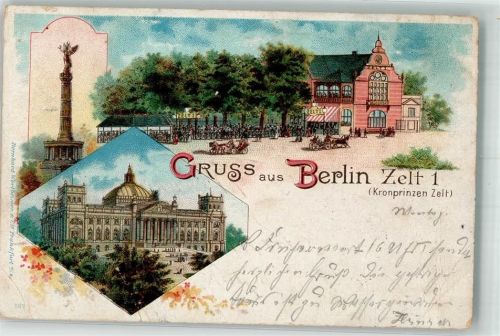 Tiergarten 1898 LithographieSiegessäule Reichstag Kronprinzen Zelt