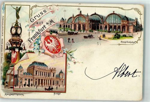 Frankfurt 1900 Manskopf-Uhrturm Börse Hauptbahnhof Straßenbahn Kutsche Wappen