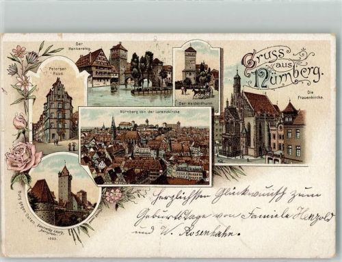 90402 W8500 Nürnberg 1898 Lithographie Petersen Haus Henkersteg Frauenkirche Heidenturm