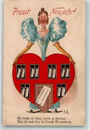 sign. E.K. Neujahr Spruch Herz Vorläufer 1899 Lithographie / Künstlerkarte