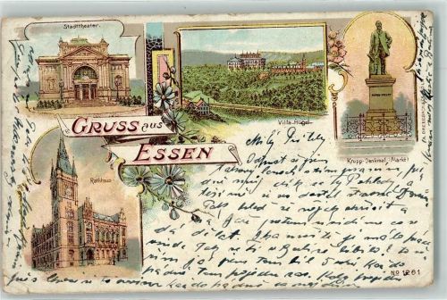 Essen 1901 Lithographie Rathaus Stadttheater Villa Hügel Krupp-Denkmal