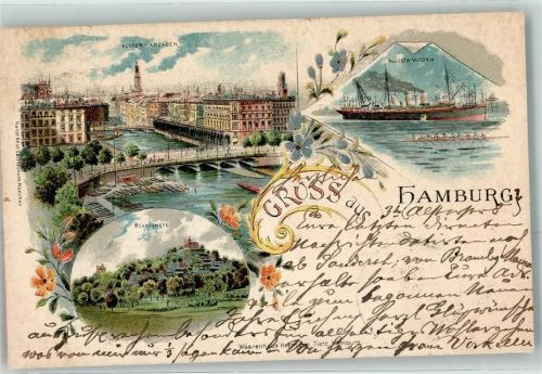 20095 W2000 Hamburg 1899 Lithographie Gruss Augusta Victoria Schiff Alter Arcaden Blankensee Ruderboot Blumen Hafen Brücke