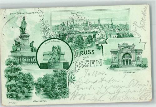 Essen 1900 Stadtgarten Krupp's Grabdenkmal Krupp-Denkmal Stadttheater Bahnpoststempel