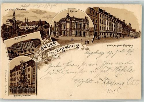 Augsburg Lithographie Schloss Wöllenburg Justizgebäude Hotel zum Mohre Fuggerhaus Denkmal Herkulesbrunnen beschnitten