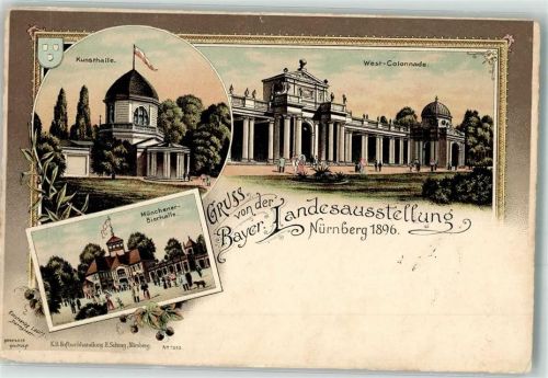 Nürnberg 1896 Bayer. Landesausstellung Kunsthalle West-Colonnade Münchener Bierhalle Sonderstempel
