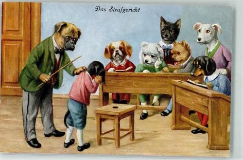 Das Strafgericht Hundeschule Lehrer bestraft Hundeschüler mit dem RohrstockTiere vermenschlicht Dackel Künstlerkarte