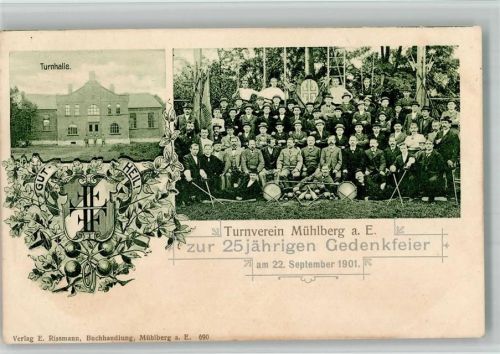 04895 O7906 Mühlberg , Elbe BOAKC 25 jährige Gedenkfeier Turnverein 22. September 1901 Turnhalle Gruppenfoto Gut Heil! Wappen