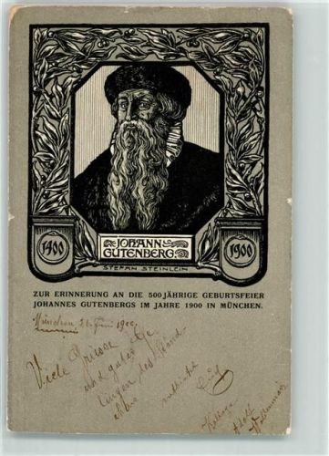 München 1900 sign. Stefan Steinlein Jugendstil 500jähr. Geburtsfeier beschnitten?