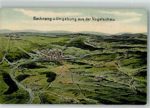71522 W7150 Backnang Künstlerkarte Vogelschau u. Umgebung