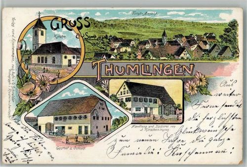 Tumlingen 1904 Lithographie Gasthaus Zum Ochsen Handlung Bäckerei J. Kirschenmann Kirche