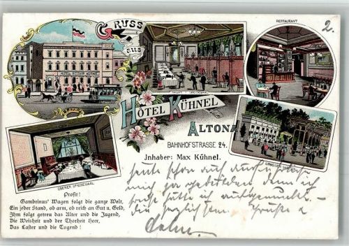 Altona 1901 Lithographie Hotel-Gasthaus Kühnel Speisesäle Gartenwirtschaft Gedichtvers