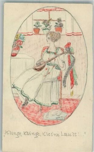 Frau mit einer Laute signiert O. Retl Handgemalt