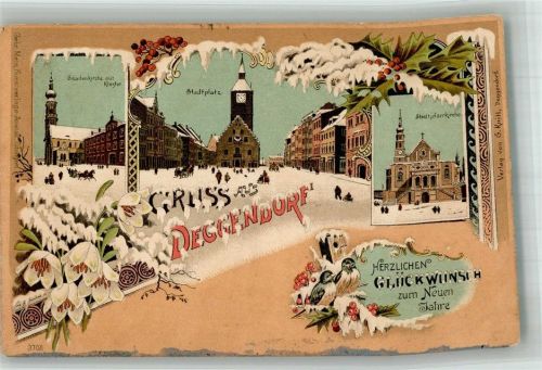 Deggendorf Winterlithographie Gnadenkirche Kloster Stadtplatz Stadtpfarrkirche Schneeglöcken Vögel Neujahreskarte