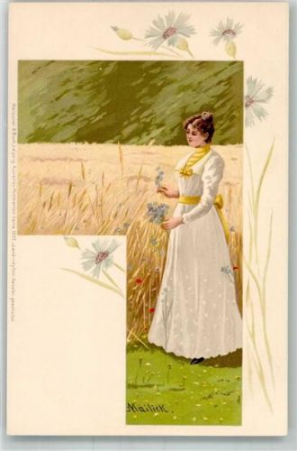 1900 Serie 1035 Land Idyllen Frau Kornblumen pflücken sign. Mailick