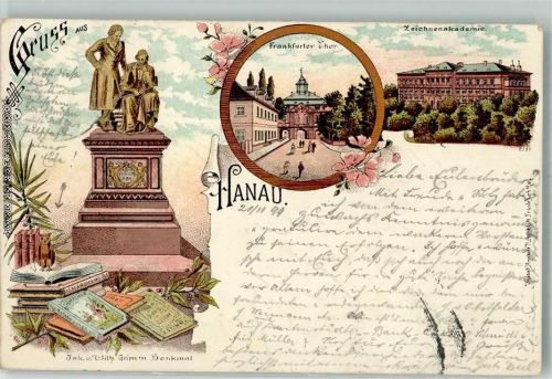 63450 W6450 Hanau 1899 Gebrauchsspuren Lithographie Frankfurter Tor Zeichenakademie Gebr. Grimm Denkmal