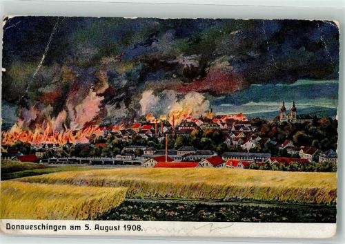 Donaueschingen 1908 Brandkatastrophe vom 5. August Künstlerkarte mit Sadtplan mit den zerstörten Häusern