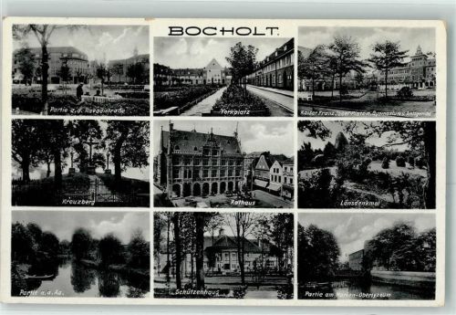 Bocholt Ravadistraße Yorkplatz Kaiser Franz Josef Platz m. Gymnasium u. Amtsgericht Kreuzberg Rathaus Lönsdenkmal Schützenhaus Marien-Oberlyzeum WK II Stempel
