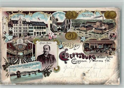 Worms 1898 Lithographie Hotel zum wilden Mann Saal des Colosseum Gasthaus Ebertsburg Portrait Seppl Boos Wormser Brauhaus